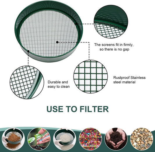 Garden sieve, soil sieve with interchangeable mesh sizes 3, 6, 9 and 12 mm, perfect garden tool for sifting V1259-DP01-A-1737