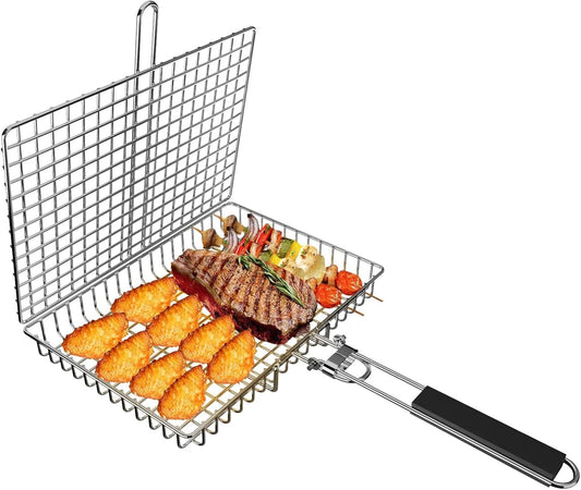 Fish Grilling Basket, Folding Portable Stainless Steel BBQ Grill Basket for Fish Vegetables Shrimp with V1259-DP01-A-1777