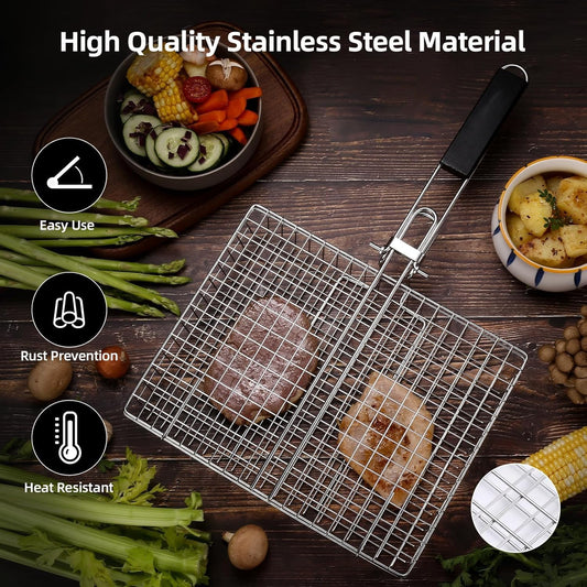 Fish Grilling Basket, Folding Portable Stainless Steel BBQ Grill Basket for Fish Vegetables Shrimp with V1259-DP01-A-1777