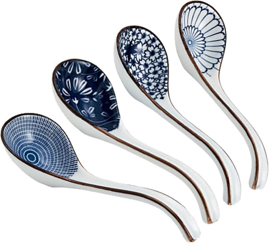 Ceramic Soup Spoons Sets of 4,Asian Soup Spoons,Long Ramen spoons,Japanese soup spoons for V1259-DP01-A-1852