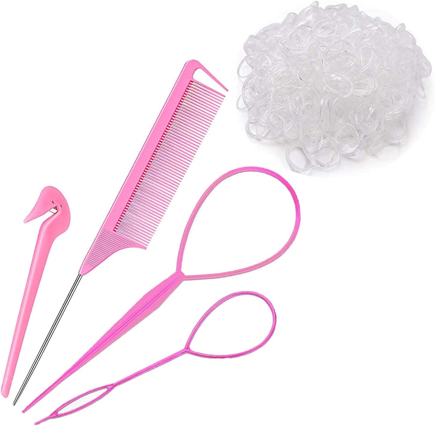 Hair Loop Styling Tool Set with 1000 Pcs Clear Mini Elastic Hair Bands 1 Pcs Rat Tail Combs for Braiding V1259-DP01-A-1874