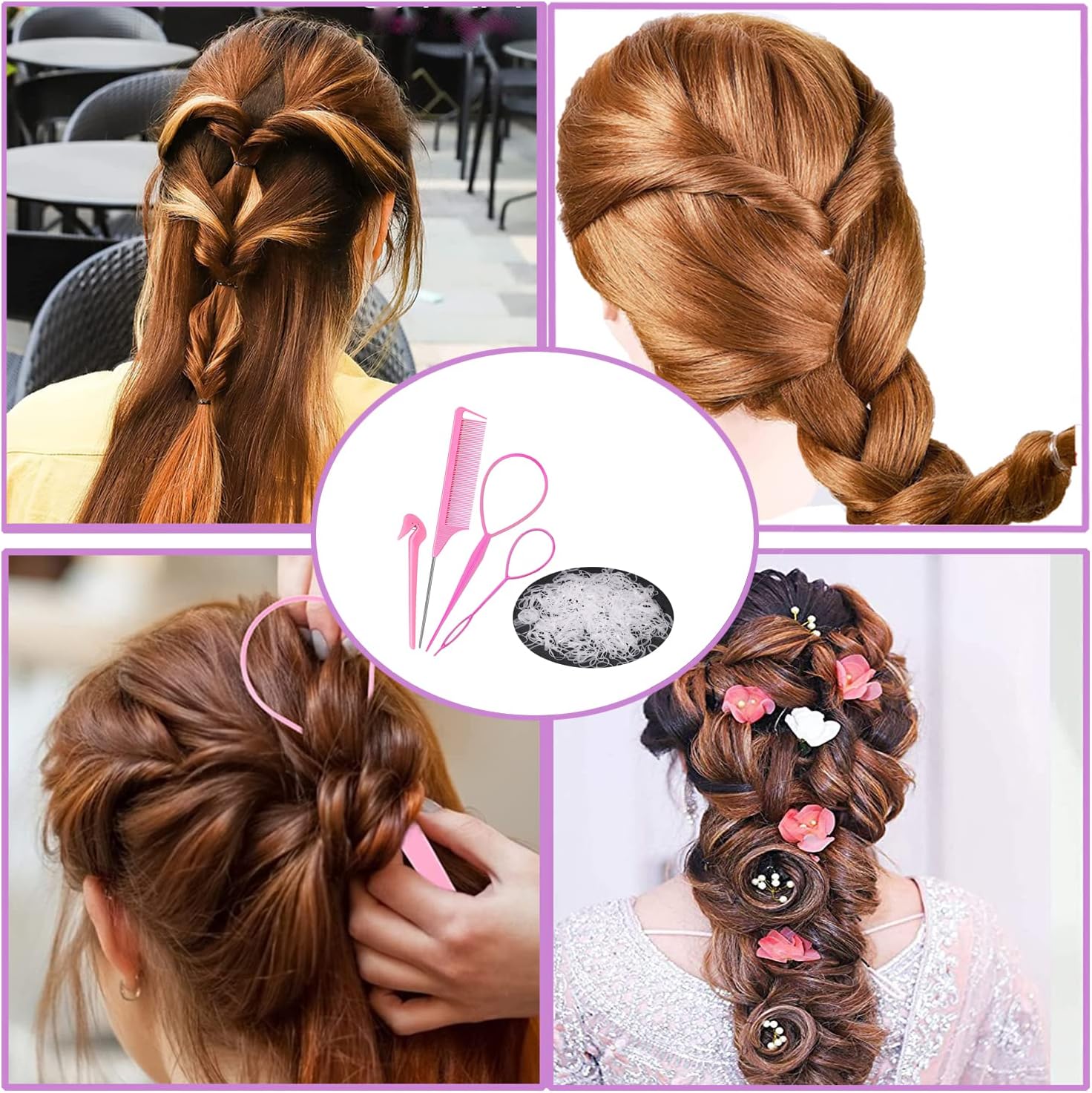 Hair Loop Styling Tool Set with 1000 Pcs Clear Mini Elastic Hair Bands 1 Pcs Rat Tail Combs for Braiding V1259-DP01-A-1874