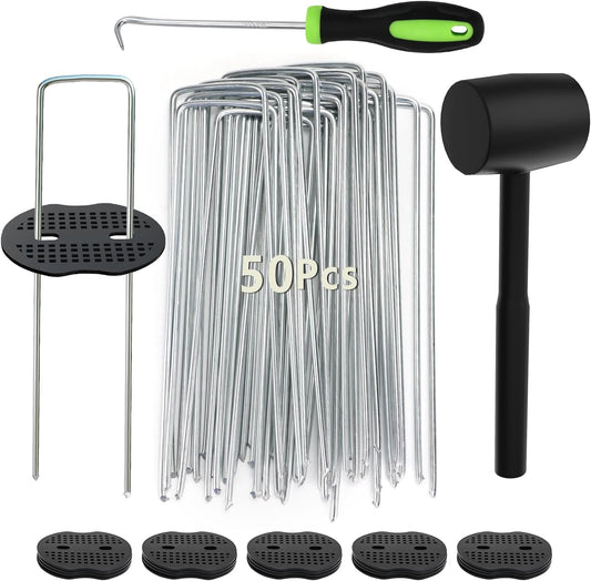 102Pcs 6 Inches Landscape Staples with Gasket Kit. 50Pcs U-Shaped Garden Stakes and Plastic Fixing Gasket, V1259-DP01-A-1879