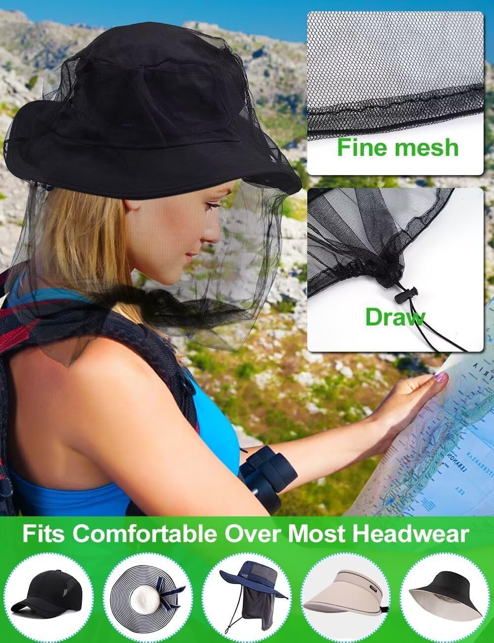 Mosquito Head Net Mesh with Drawstring, Bug Face Netting for Hats, Mesh Face Shield for Men & Women Screen V1259-DP01-A-1885