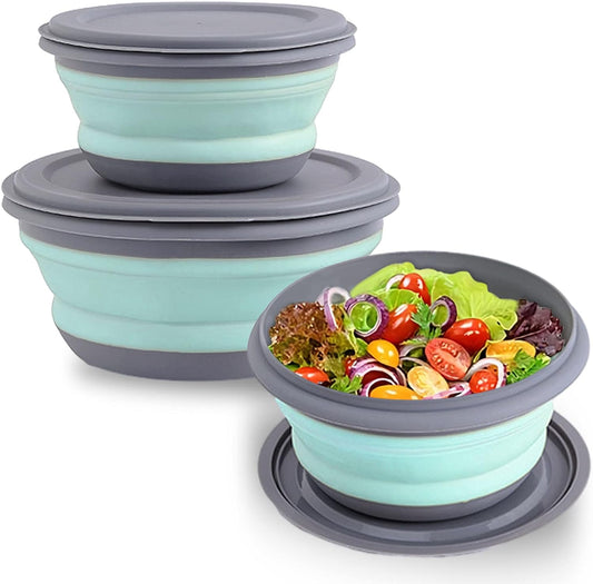 Collapsible Bowls, 3pcs Food Grade Silicone Camping Bowl Salad Bowl with lids, Portable Expandable Lunch Box V1259-DP01-A-1895