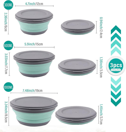 Collapsible Bowls, 3pcs Food Grade Silicone Camping Bowl Salad Bowl with lids, Portable Expandable Lunch Box V1259-DP01-A-1895