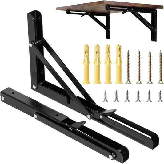2 Pack 12 Inch Folding Shelf Brackets, Heavy Duty Metal Wall Mounted Triangle Table Bench Max Load 220lb V1259-DP01-A-1896