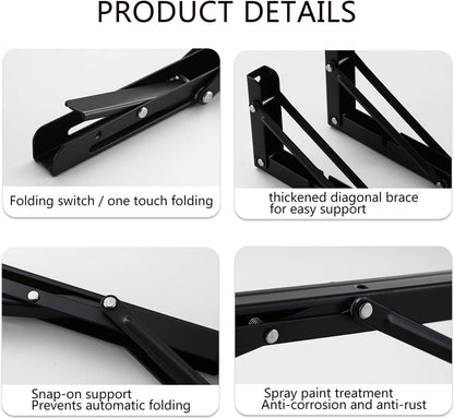 2 Pack 12 Inch Folding Shelf Brackets, Heavy Duty Metal Wall Mounted Triangle Table Bench Max Load 220lb V1259-DP01-A-1896