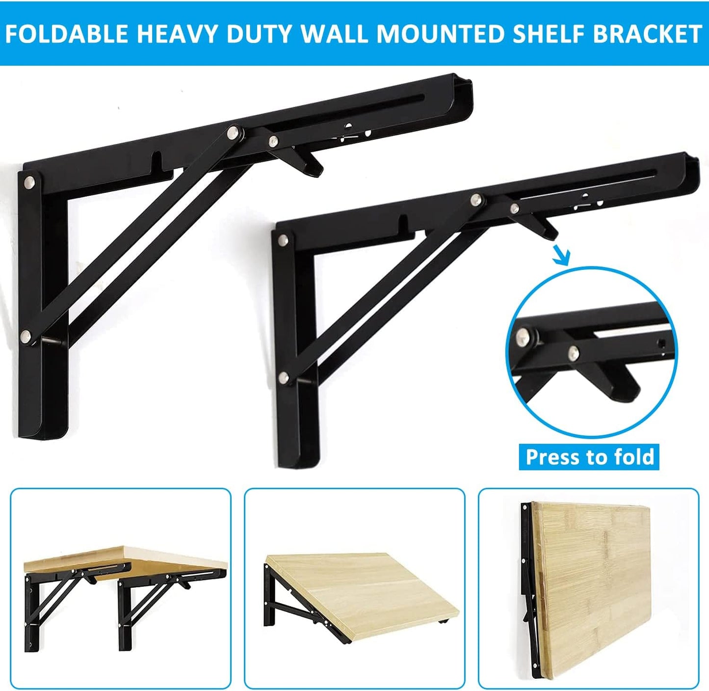 2 Pack 12 Inch Folding Shelf Brackets, Heavy Duty Metal Wall Mounted Triangle Table Bench Max Load 220lb V1259-DP01-A-1896