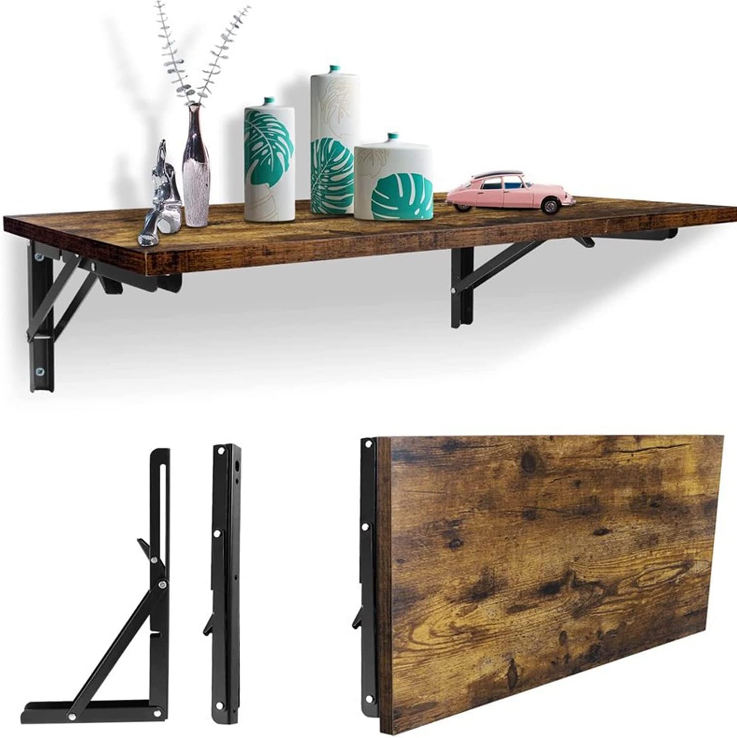 2 Pack 12 Inch Folding Shelf Brackets, Heavy Duty Metal Wall Mounted Triangle Table Bench Max Load 220lb V1259-DP01-A-1896
