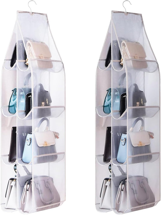 Hanging Handbag Purse Organizer, 2 Pack Transparent Hanging Closet Organizer with 8 Pockets, Washable Dust V1259-DP01-A-1901