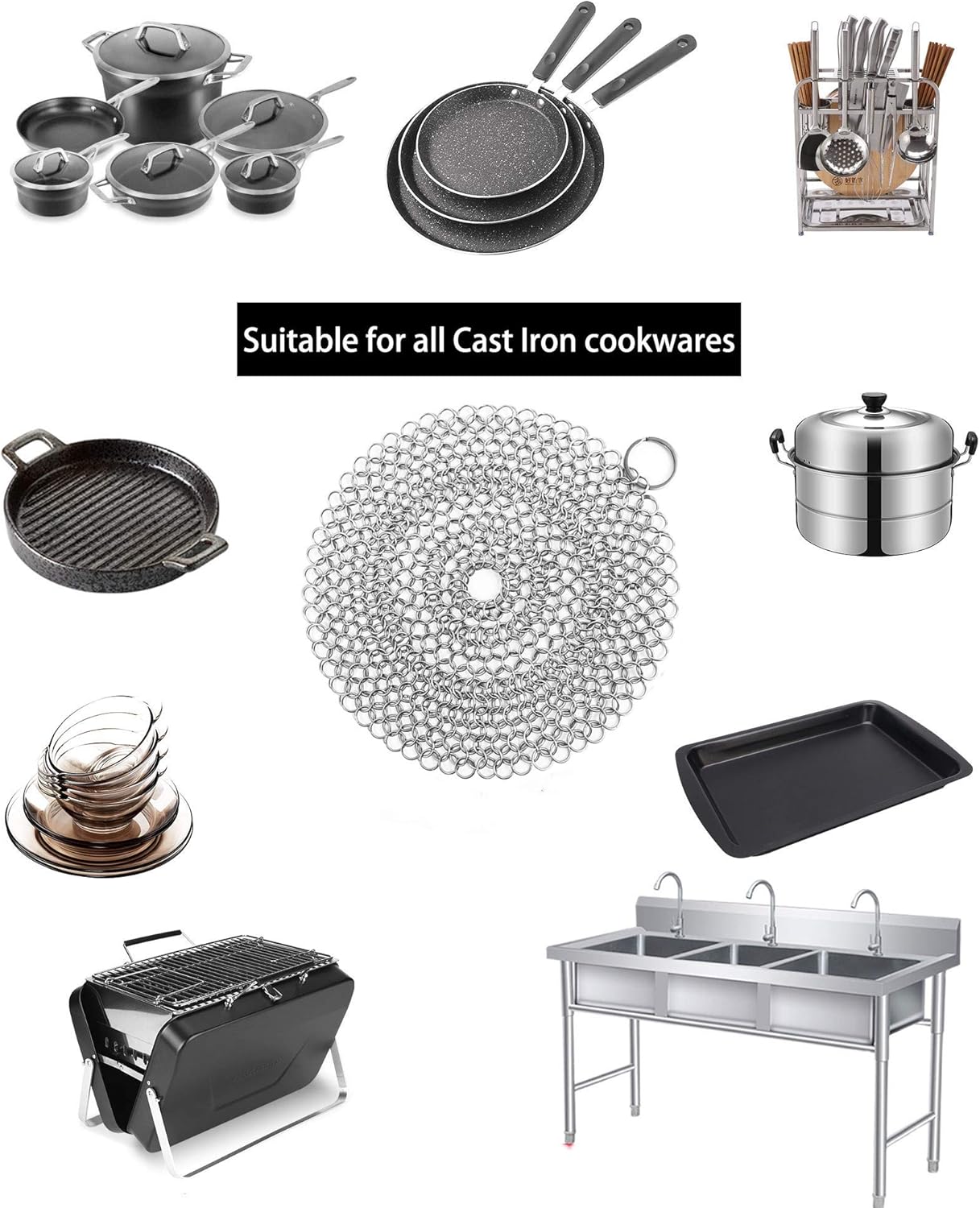 Cast Iron Cleaner, 2 Pack Stainless Steel Chainmail Scrubber for Cast Iron Pan Pot Skillet Brush Scraper V1259-DP01-A-1903