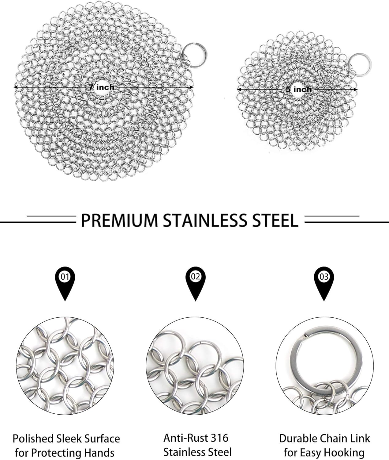 Cast Iron Cleaner, 2 Pack Stainless Steel Chainmail Scrubber for Cast Iron Pan Pot Skillet Brush Scraper V1259-DP01-A-1903