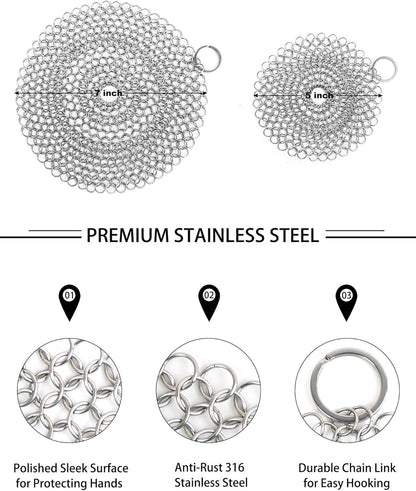 Cast Iron Cleaner, 2 Pack Stainless Steel Chainmail Scrubber for Cast Iron Pan Pot Skillet Brush Scraper V1259-DP01-A-1903
