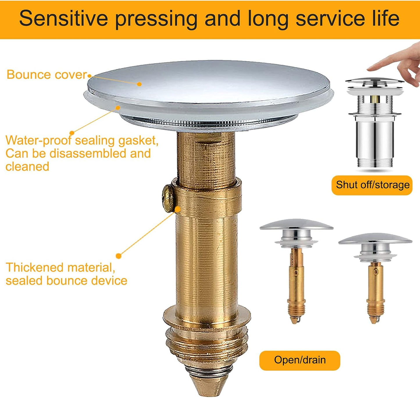Pop-Up Click Clack Plug,66 mm Bathroom Basin Sink Button Drain,Suitable for Kitchen Bathroom Washbasin, Solid V1259-DP01-A-1957