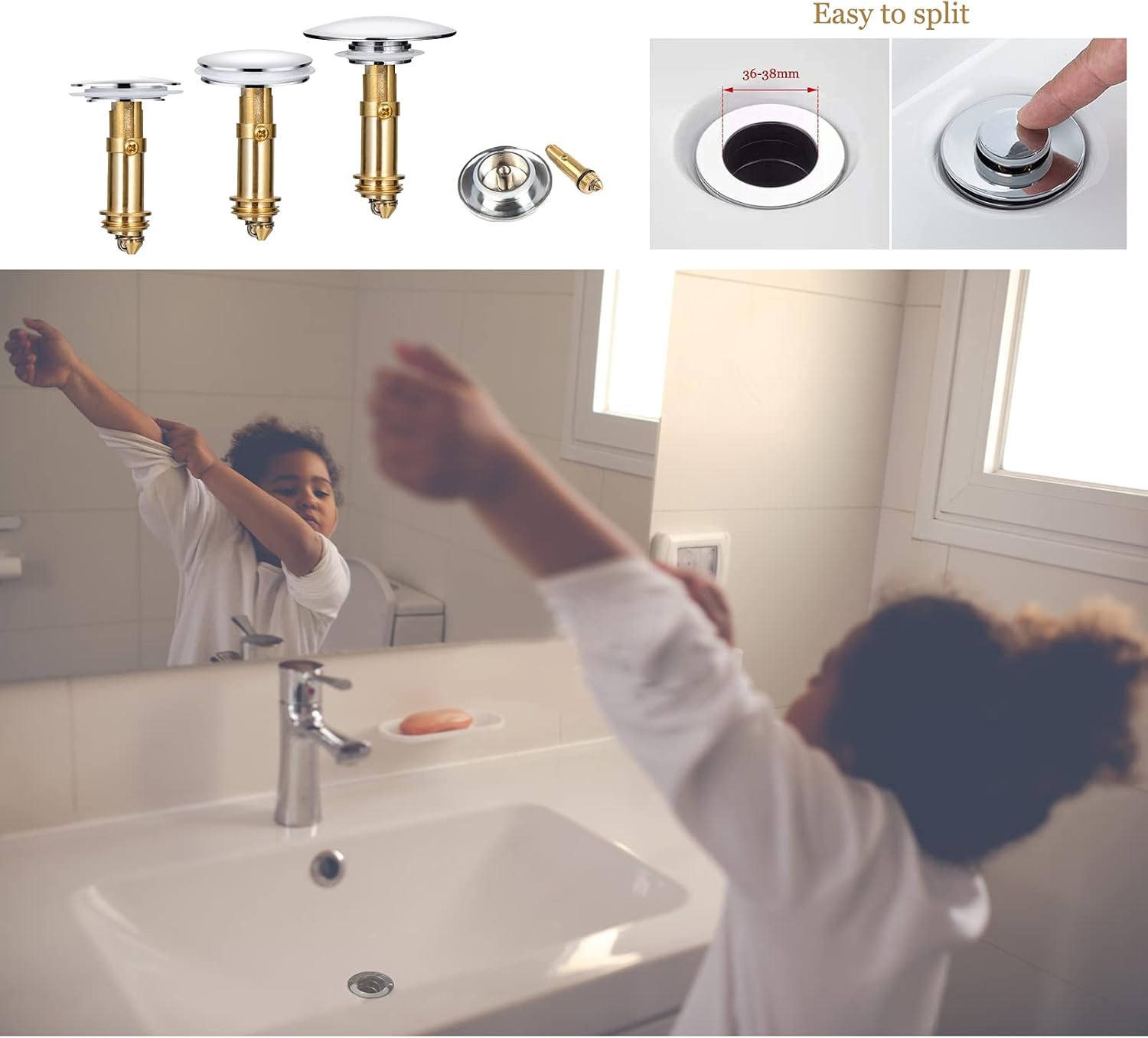 Pop-Up Click Clack Plug,66 mm Bathroom Basin Sink Button Drain,Suitable for Kitchen Bathroom Washbasin, Solid V1259-DP01-A-1957