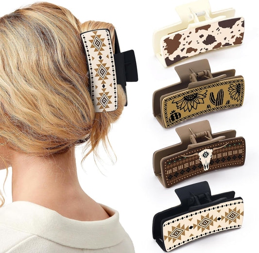 Western Leather Hair Claw Clips Sunflower Floral Square Claw Clips for Hairstyling Southwest Cow Print V1259-DP01-A-1971