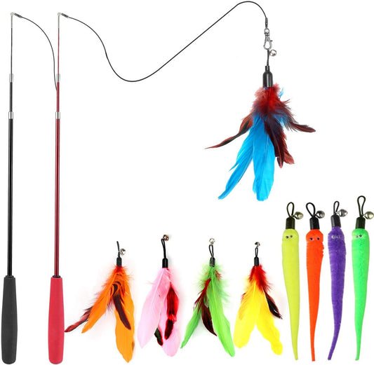 Huidcom Cat Feather Toy Retractable Cat Toys Wand with 2 Wands & 9 Assorted Teaser Refills Interactive V1259-DP01-A-1993