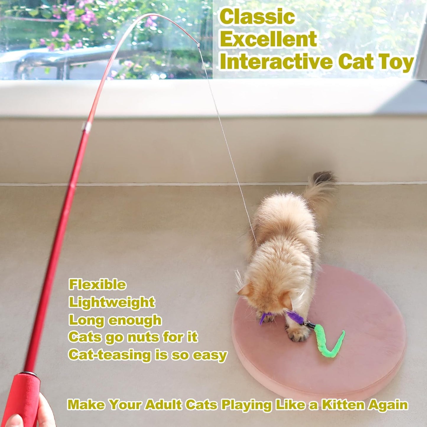 Huidcom Cat Feather Toy Retractable Cat Toys Wand with 2 Wands & 9 Assorted Teaser Refills Interactive V1259-DP01-A-1993