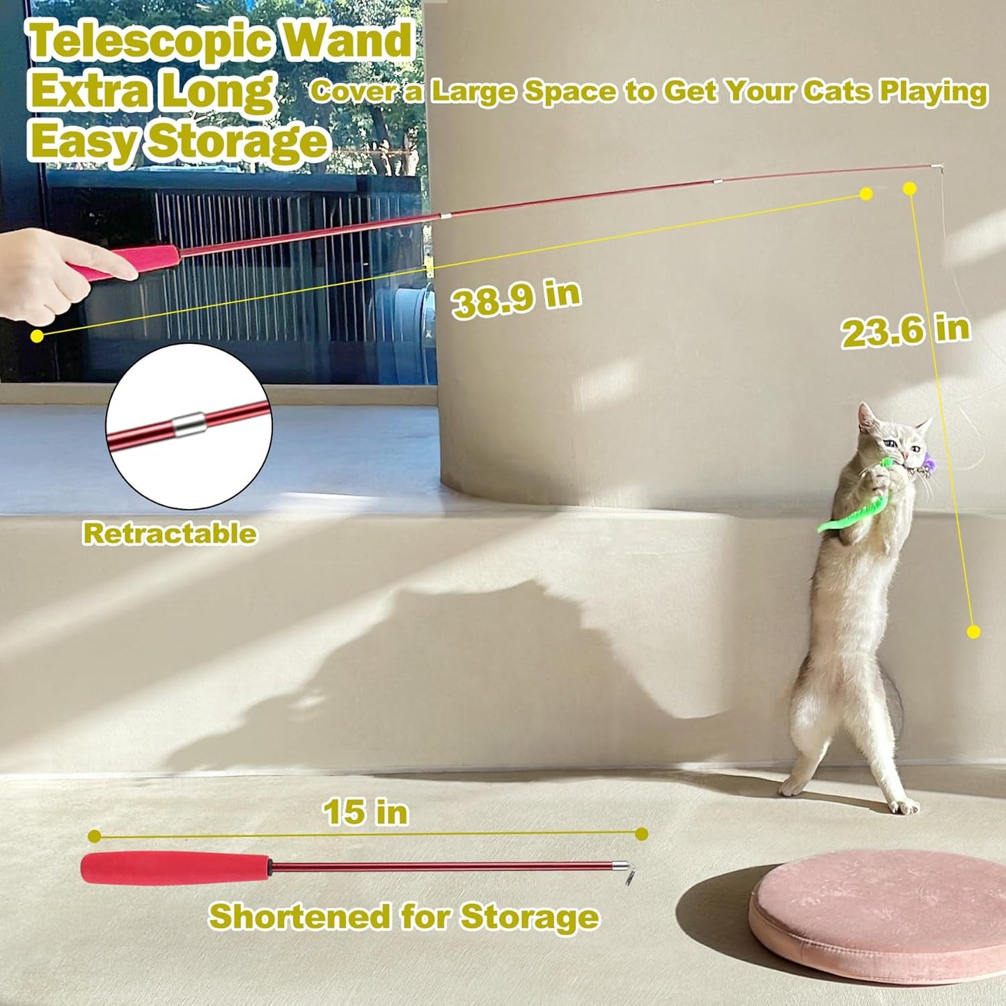 Huidcom Cat Feather Toy Retractable Cat Toys Wand with 2 Wands & 9 Assorted Teaser Refills Interactive V1259-DP01-A-1993