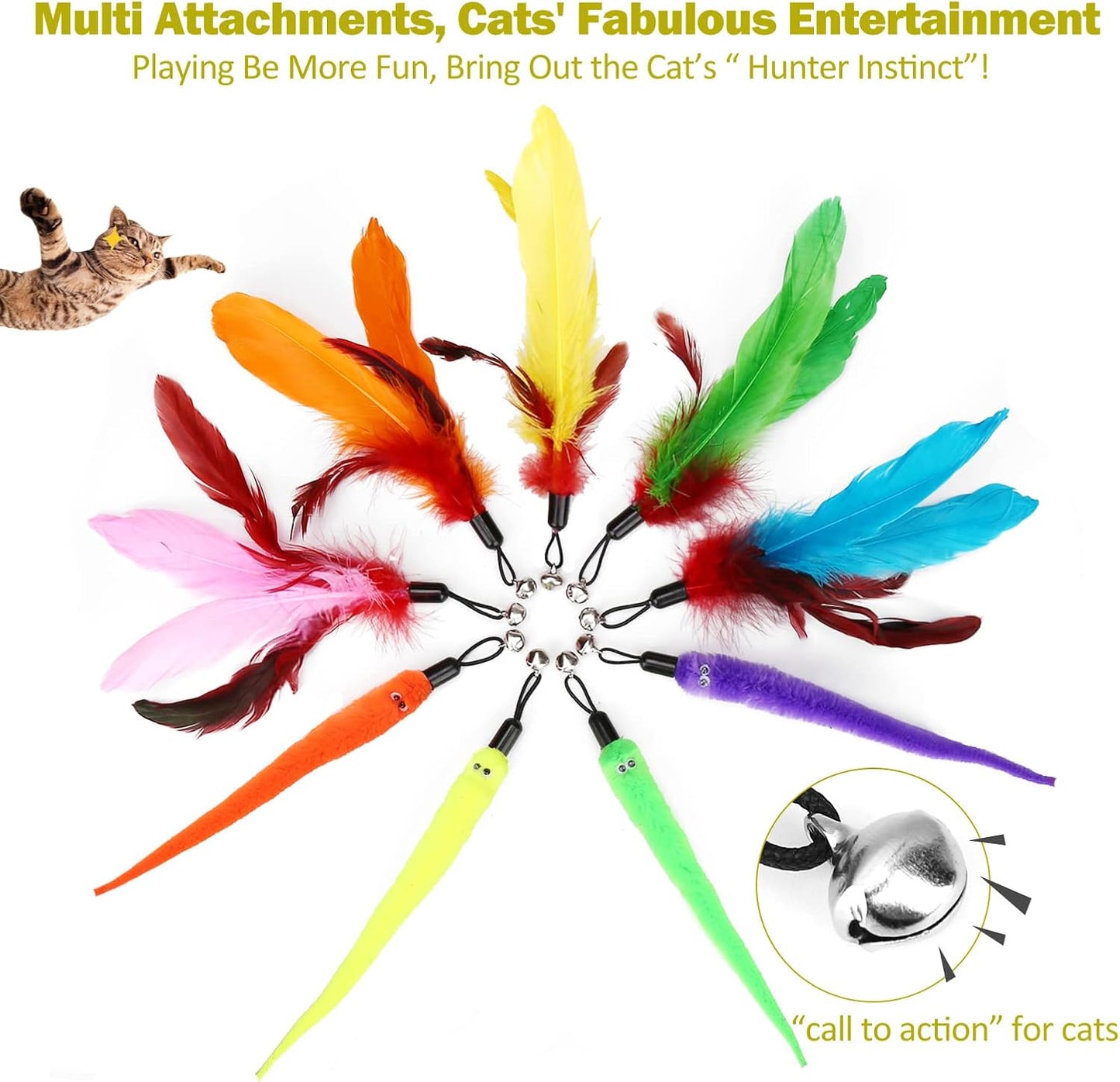 Huidcom Cat Feather Toy Retractable Cat Toys Wand with 2 Wands & 9 Assorted Teaser Refills Interactive V1259-DP01-A-1993