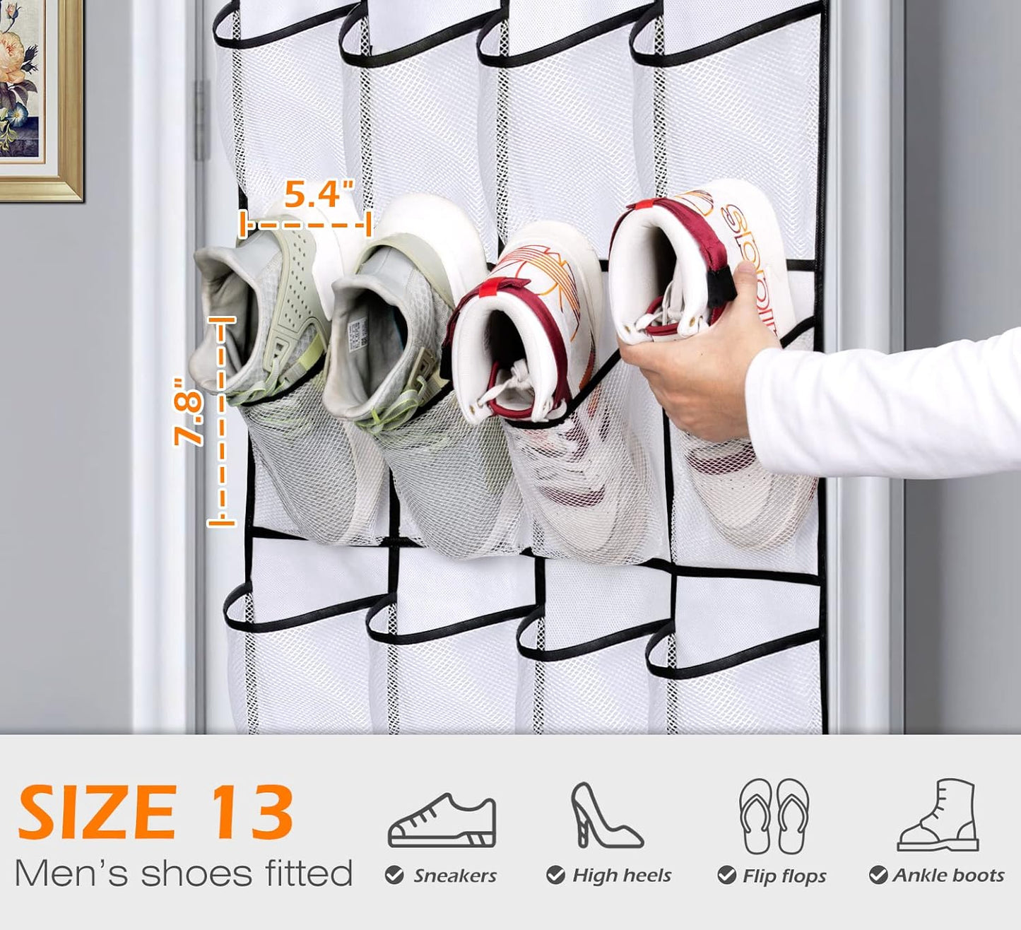 Over The Door Shoe Organizer 24 Large Mesh Pockets, White V1259-DP01-A-2005