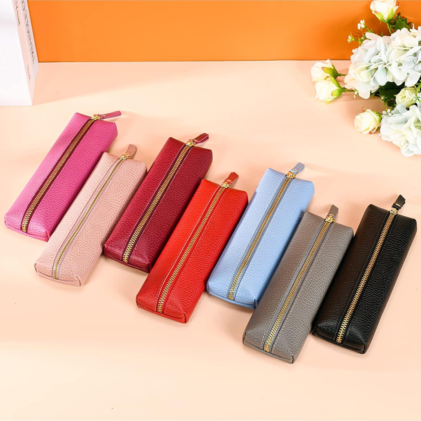 Genuine leather pen case, Cowhide pencil puch with zipper, Soft pen bag for adults. V1259-DP01-A-2038