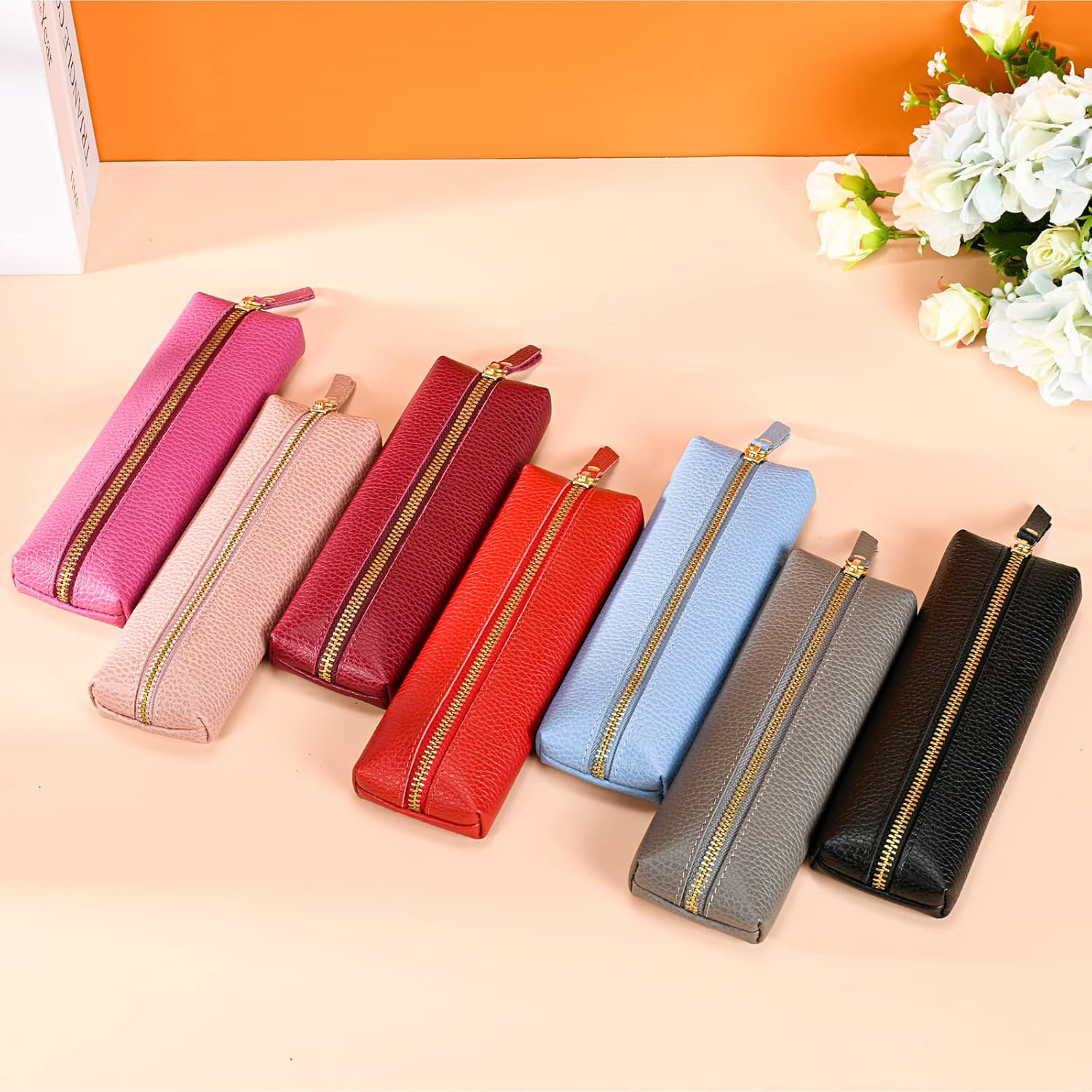 Genuine leather pen case, Cowhide pencil puch with zipper, Soft pen bag for adults. V1259-DP01-A-2038