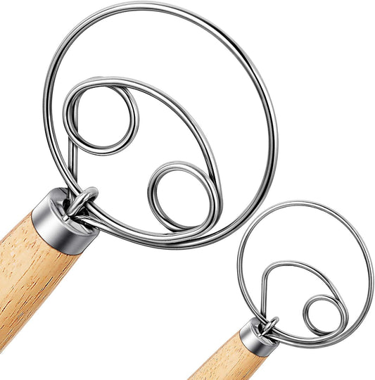Danish Dough Whisk 2Pcs, Dutch Bread Whisk Hook, 13 Inch Premium Pastry Whisks, Wooden Hand Mixer, Stainless V1259-DP01-A-2043