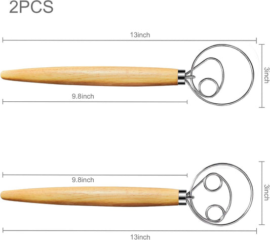 Danish Dough Whisk 2Pcs, Dutch Bread Whisk Hook, 13 Inch Premium Pastry Whisks, Wooden Hand Mixer, Stainless V1259-DP01-A-2043