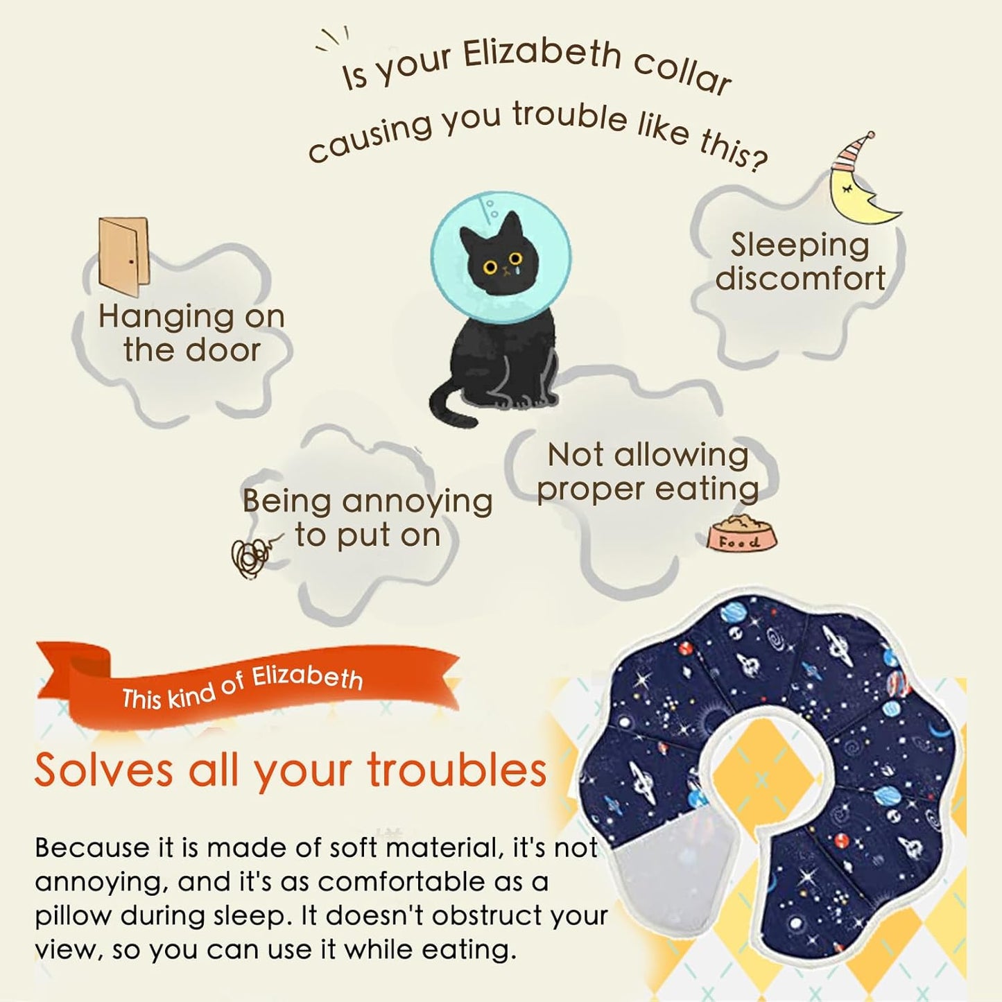 Soft Cat Recovery Collar,Adjustable Cat Cone,Cat Protective Cone Collar After Surgery,for Cats (Starry Sky, M) V1259-DP01-A-2081