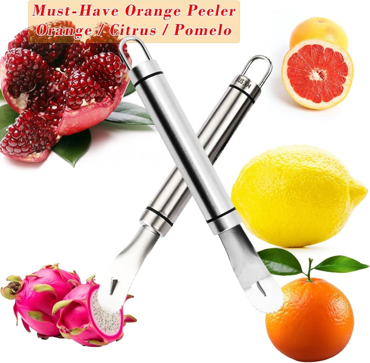 2PCS Stainless Steel Orange Peeler, Grapefruit Peeler, Easy to Peel, Long Handle Orange Citrus Peeler Tool, V1259-DP01-A-2097