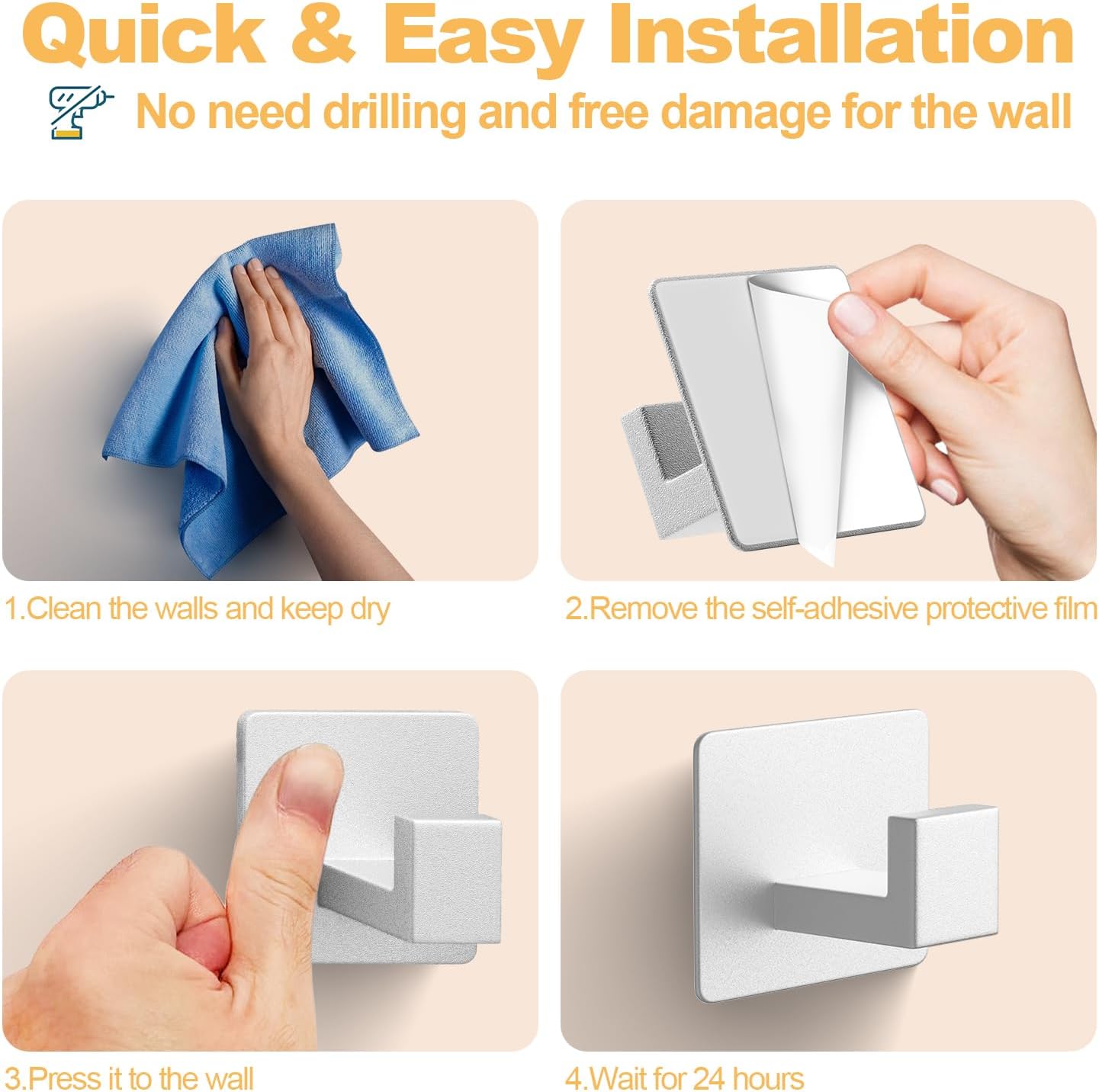 Adhesive Towel Hooks, 4 Pack Sticky Hooks for Hanging Heavy Duty, Coat/Towel Hooks Wall Hooks for Bathroom V1259-DP01-A-2100