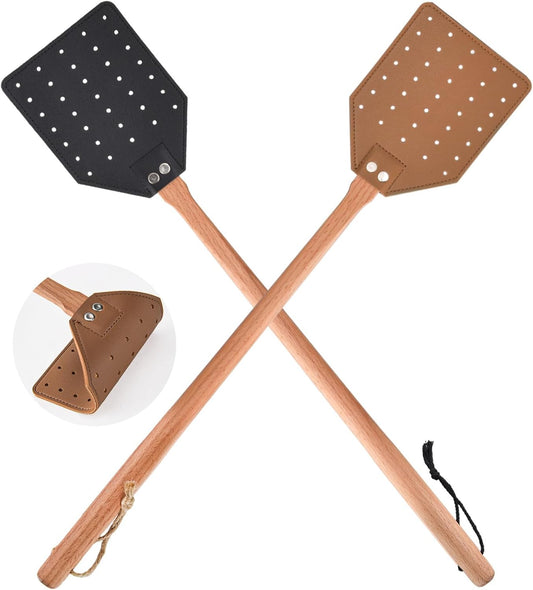 2 Pcs Leather Fly Swatter with Wood Handle, Durable Heavy Duty Fly Insects Catcher for Indoor Outdoor, Wooden V1259-DP01-A-2150