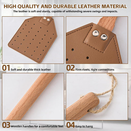 2 Pcs Leather Fly Swatter with Wood Handle, Durable Heavy Duty Fly Insects Catcher for Indoor Outdoor, Wooden V1259-DP01-A-2150