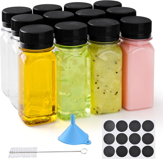 12 pcs 2oz Small Plastic Juice Bottles with Lids, Reusable Leak proof Ginger Shots Bottle with Black caps, V1259-DP01-A-2151