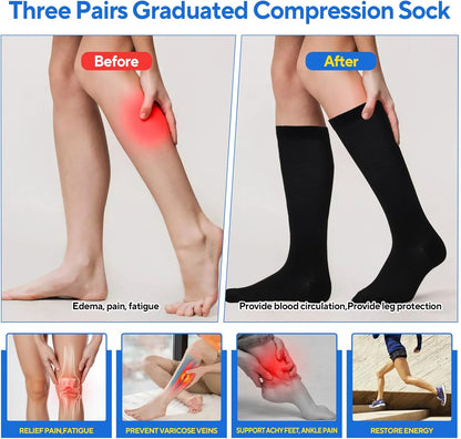 3 Pairs Compression Socks for Women & Men, Circulation 15-25mmHg Support Socks for Athletic, Running, V1259-DP01-A-2153