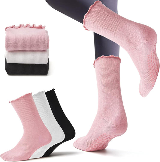 3 Pairs Pilates Grip Socks,Non Slip Ruffle Yoga Socks for Women,Anti-Skid Athletic Breathable Cotton Crew V1259-DP01-A-2157