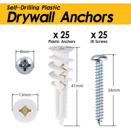#8 Self Drilling Plastic Drywall Anchors and Screws Kit for Drywall, 25 pcs Wall Anchors & 25 pcs Drywall V1259-DP01-A-2161