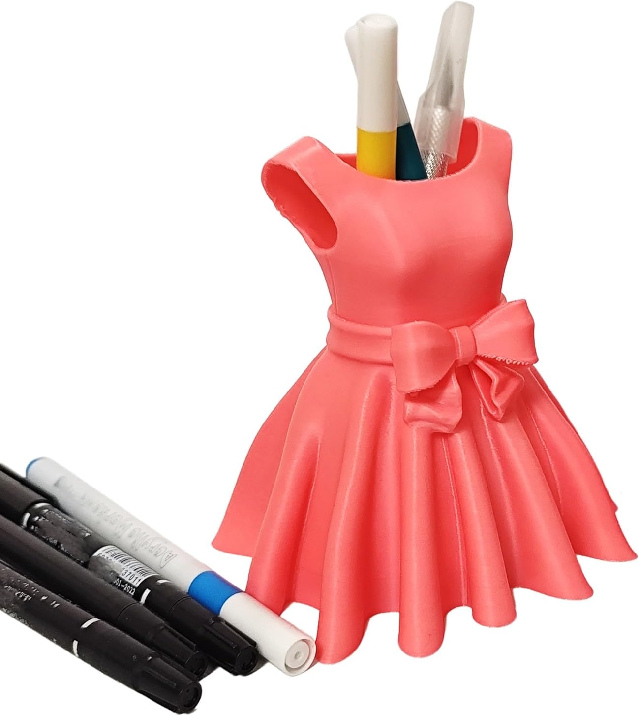 3D Printed Dress Pen Holder- Elegant Pink Dress Shape with Bow, Desk Organizer for Pens, Makeup Brushes, V1259-DP01-A-2192