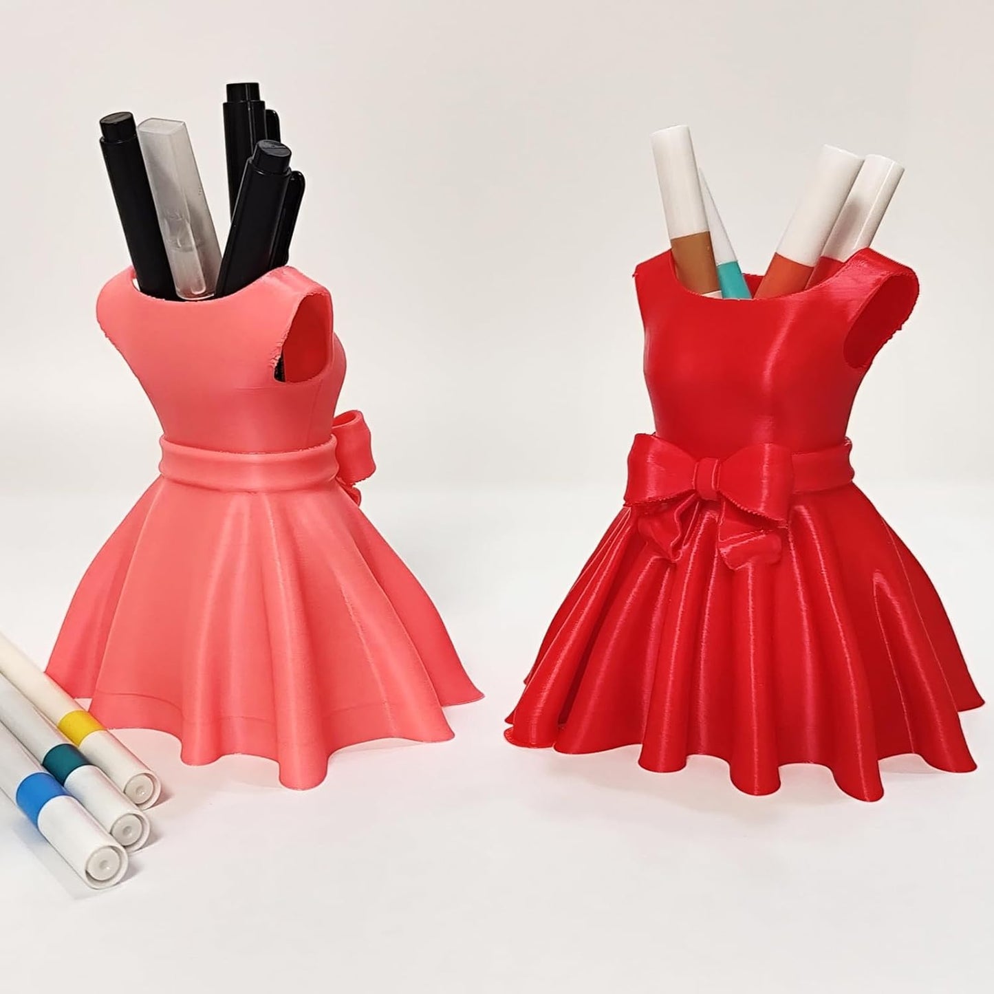 3D Printed Dress Pen Holder- Elegant Pink Dress Shape with Bow, Desk Organizer for Pens, Makeup Brushes, V1259-DP01-A-2192