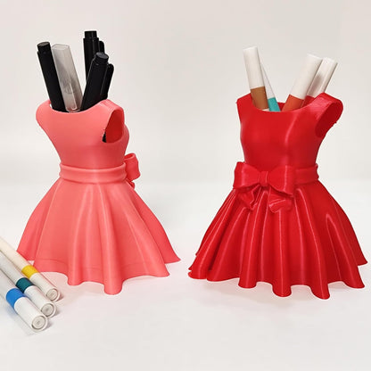 3D Printed Dress Pen Holder- Elegant Pink Dress Shape with Bow, Desk Organizer for Pens, Makeup Brushes, V1259-DP01-A-2192