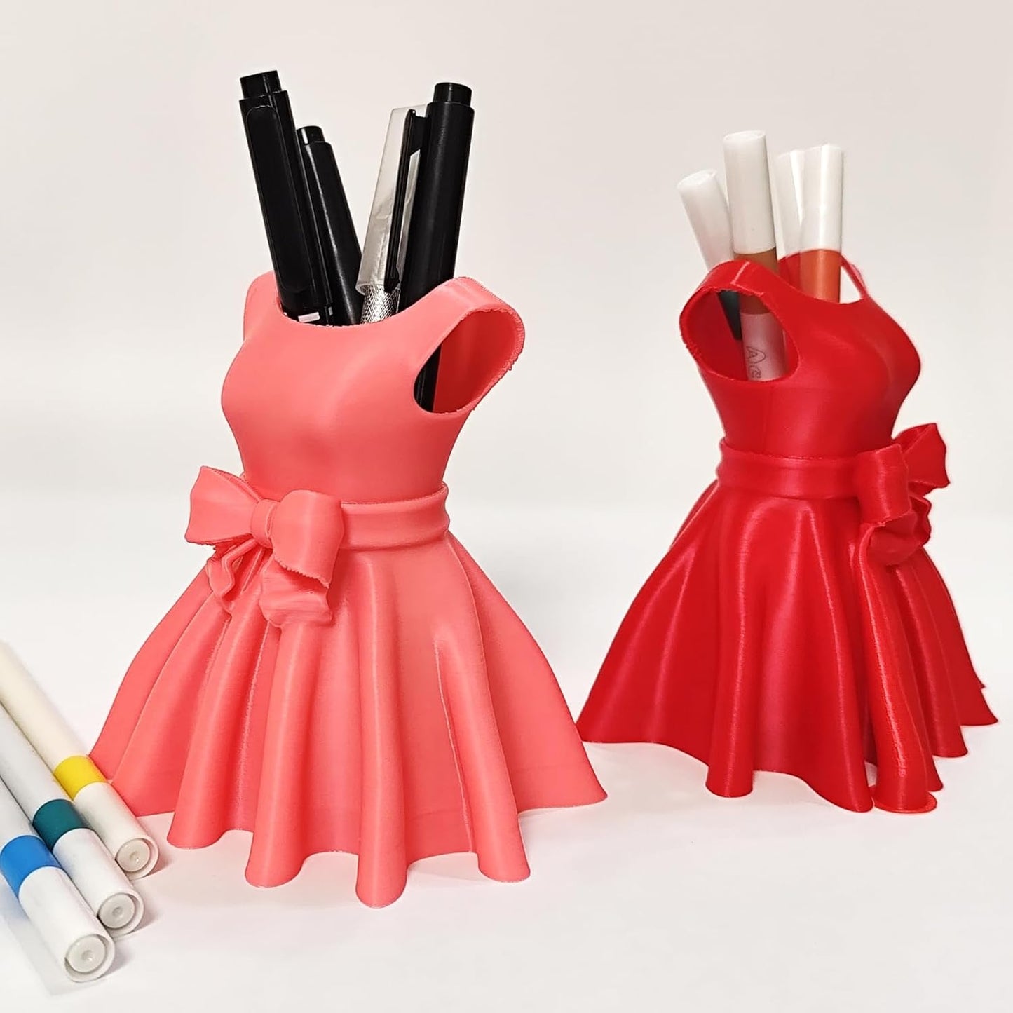 3D Printed Dress Pen Holder- Elegant Pink Dress Shape with Bow, Desk Organizer for Pens, Makeup Brushes, V1259-DP01-A-2192