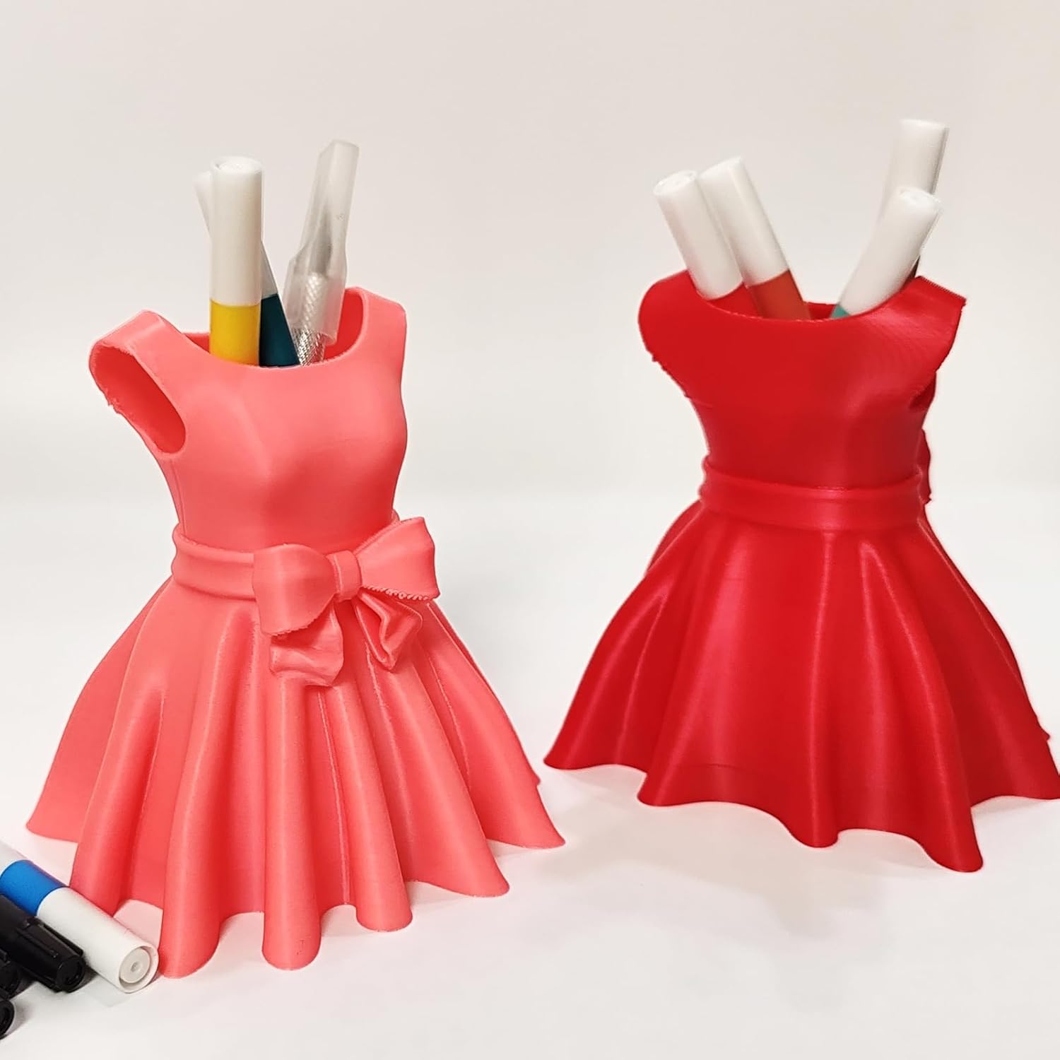 3D Printed Dress Pen Holder- Elegant Pink Dress Shape with Bow, Desk Organizer for Pens, Makeup Brushes, V1259-DP01-A-2192
