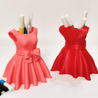 3D Printed Dress Pen Holder- Elegant Pink Dress Shape with Bow, Desk Organizer for Pens, Makeup Brushes, V1259-DP01-A-2192