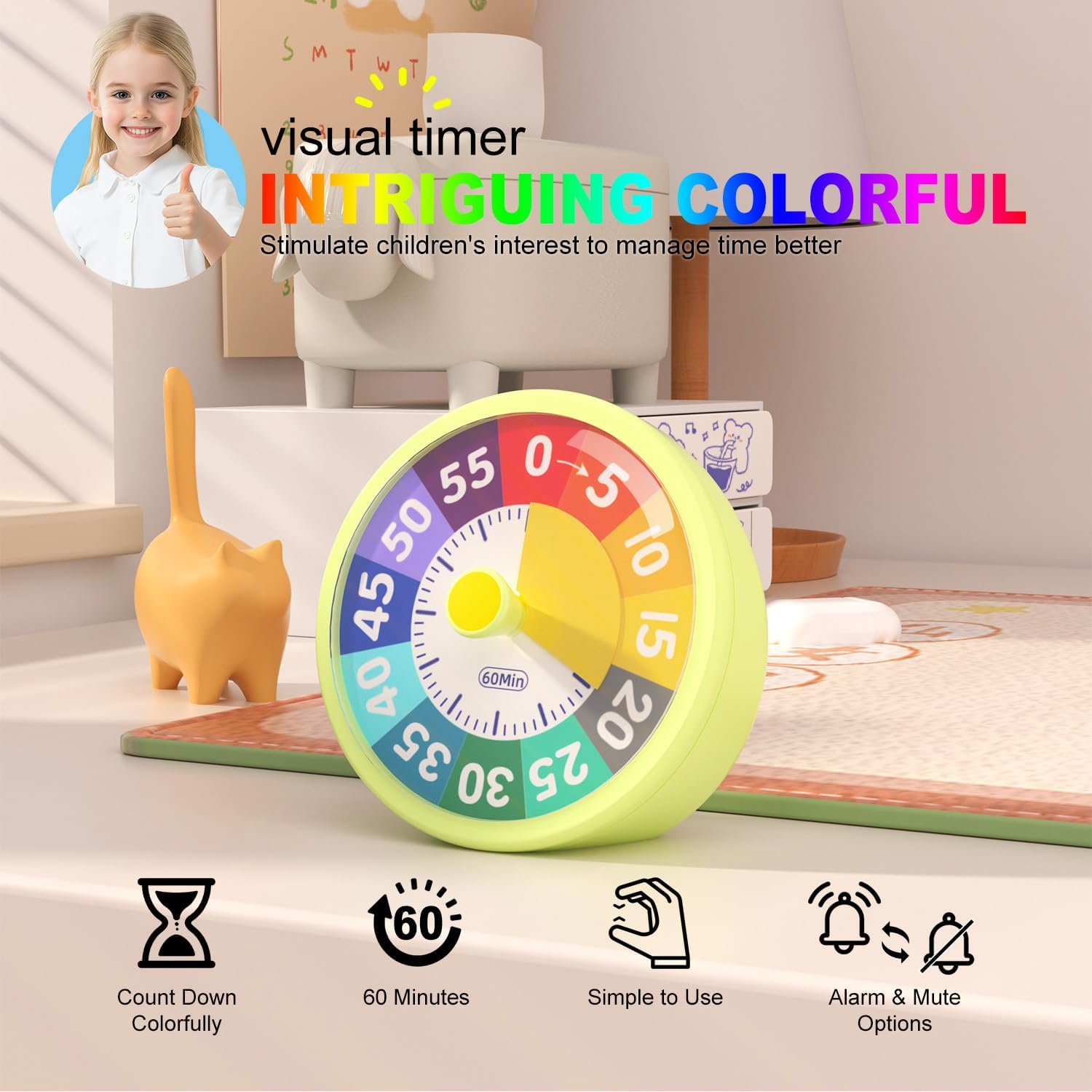 60 Minute Visual Timer for Classroom Kids Teachers, 4-Inch Countdown Timer for Kitchen Cooking, Toddler, V1259-DP01-A-2209