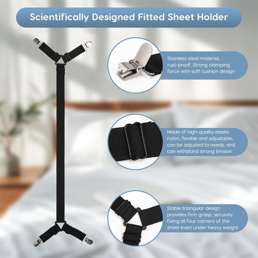 4PCS Bed Sheet Holders Straps for Corners, Elastic Adjustable Fitted Sheet Holder, Easy Install Bed Sheet V1259-DP01-A-2217