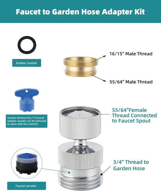 Swivel Faucet Adapter Kit, Solid Brass 3/4" Garden Hose Adapter with Aerator, 360 Degree Kitchen Sink Faucet V1259-DP01-A-2249