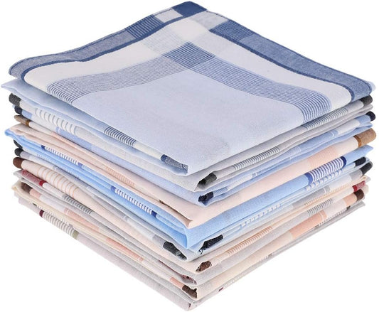 12 Pcs 100% Cotton Men's Plaid Handkerchief, Soft Hanky with Classic Stripe, Ideal Gift Set for Men. (4 V1259-DP01-A-2285