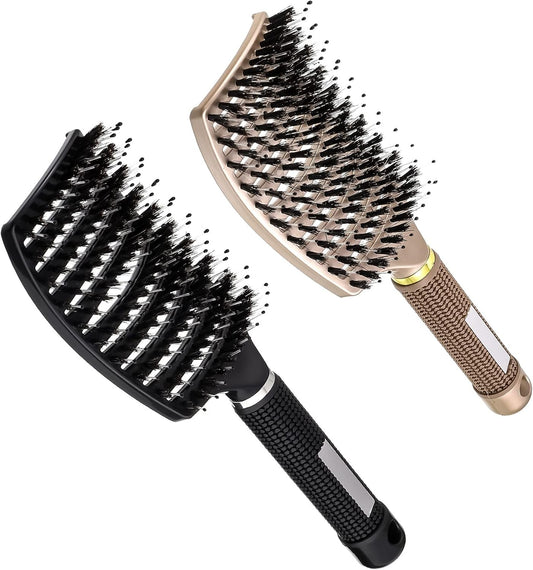 2 Pack Boar Bristle Hair Brush, Curved and Vented Detangling Hair Brush for Women Long, Thick, Thin, Curly & V1259-DP01-A-2297